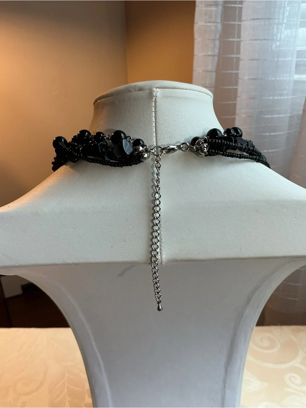 Black Glass Multi-Strand Silver Tone Statement Necklace and Earrings Set